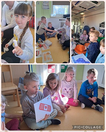 Kitakinder in Sülldorf üben sich in Erster Hilfe Collage mit 5 Bildern, die Kinder zeigen, welche einen Fingerverband üben und den Rettungswagen anschauen. und